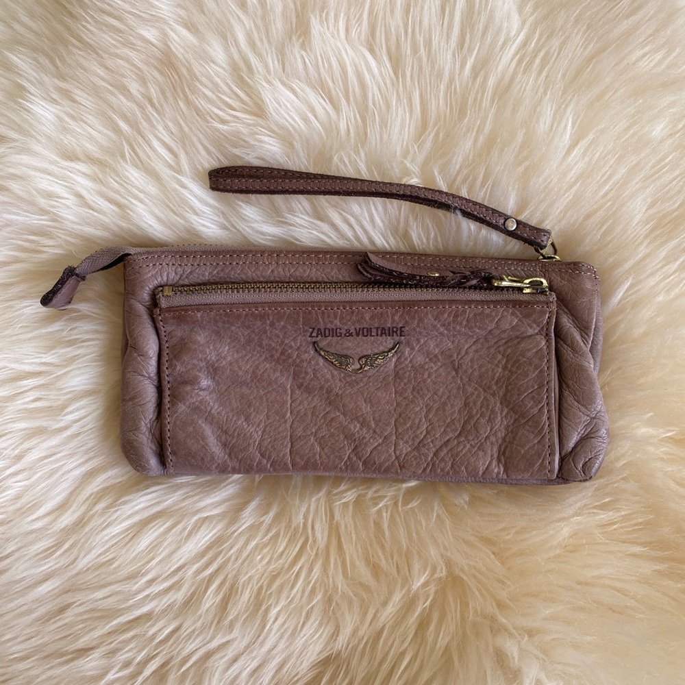 Zadig & Voltaire Mauve Leather Wristlet Wallet with Etched Butterfly